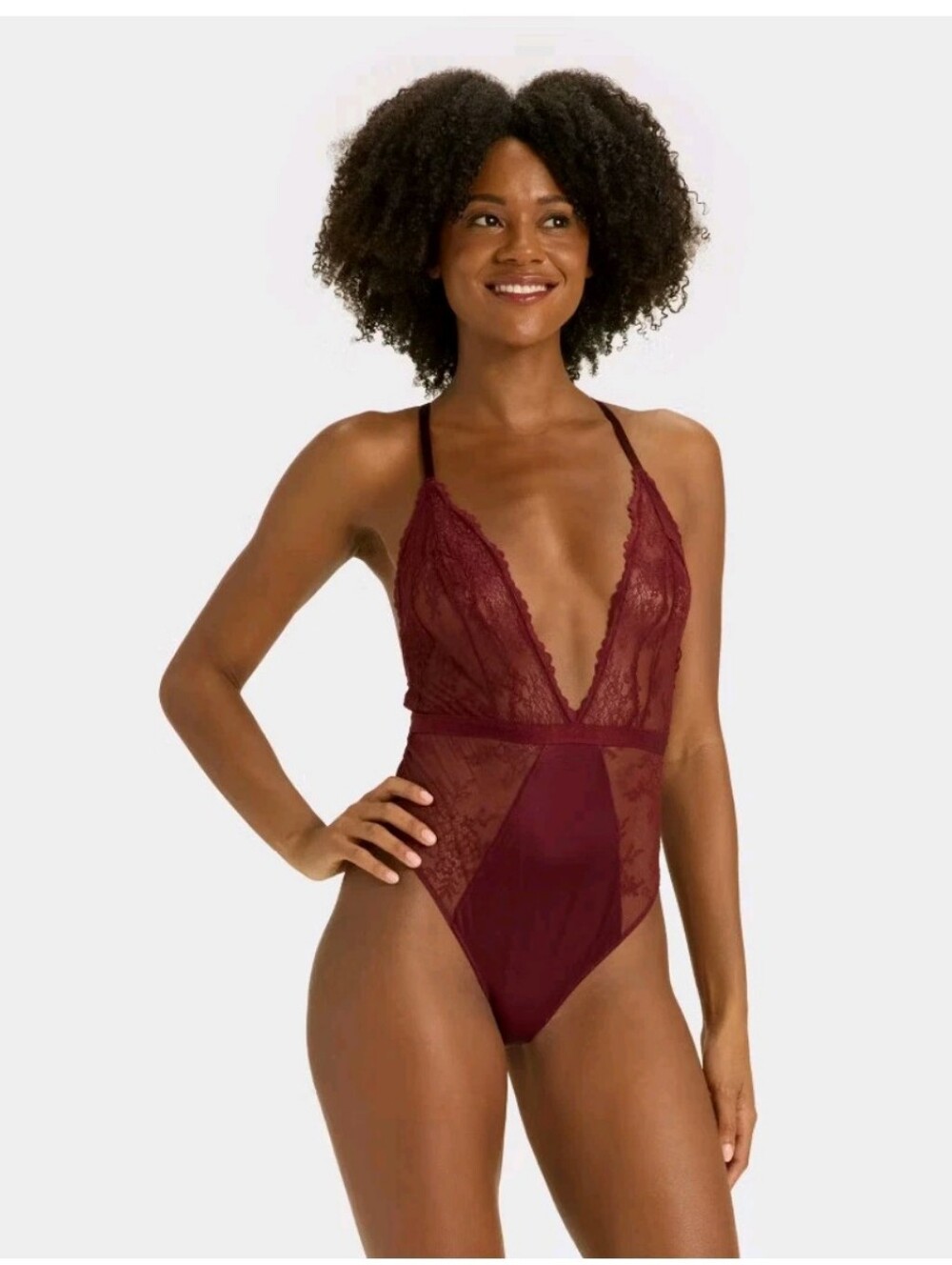 Auden Lace Plunge Bodysuit in Deep Wine Size Med